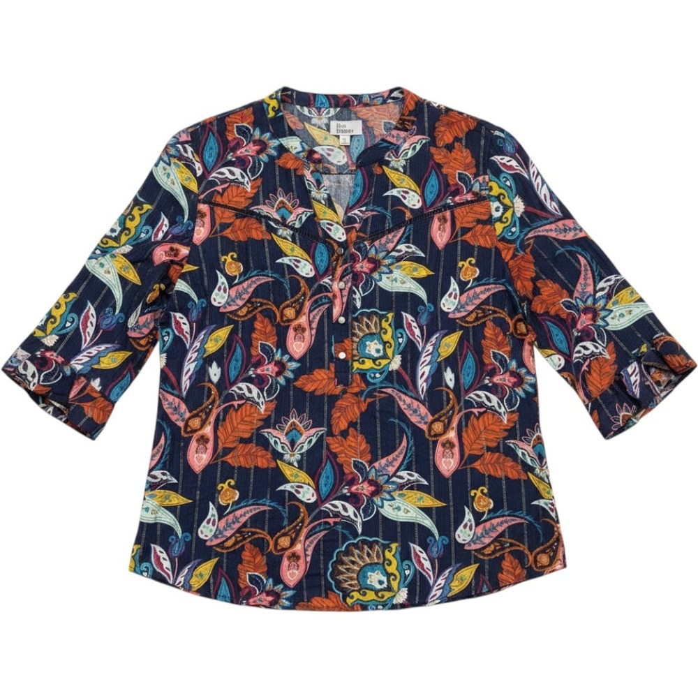 Kim Rogers Womens Small Navy Multi Paisley Lurex Tunic Blouse NWT $52
